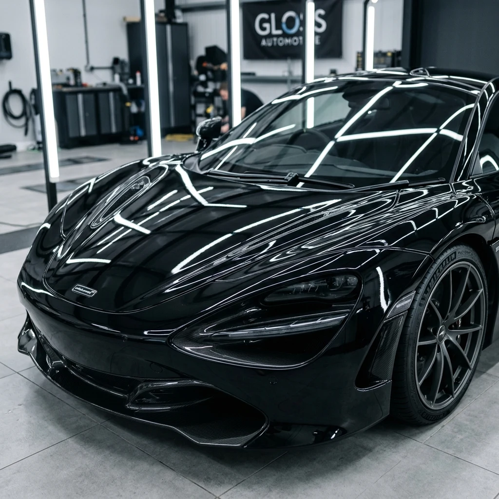 Supercar with flawless mirror-gloss deep black paint reflection after full paint restoration