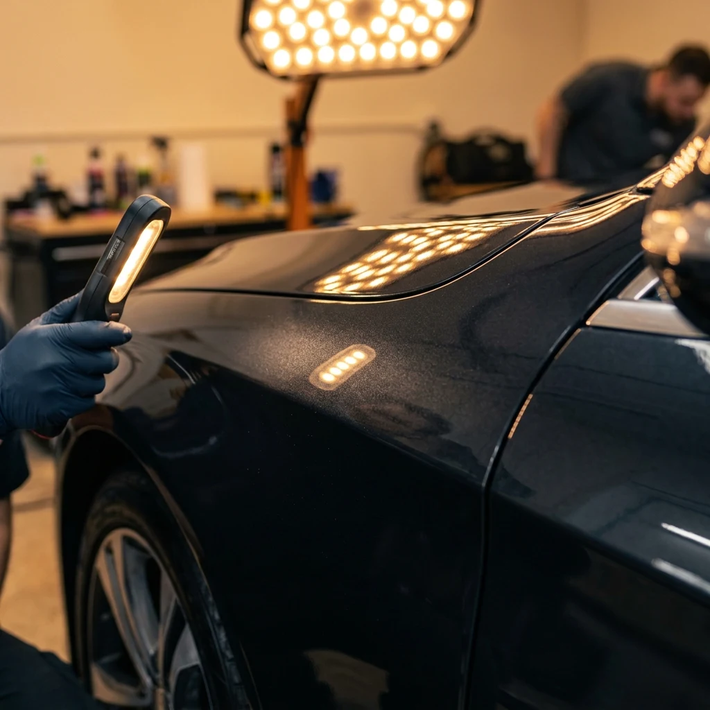 Automotive technician inspecting clearcoat scratches and scuffs with specialized detailing LED inspection light